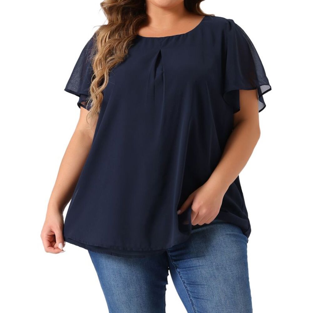 Plus Size Chiffon Blouse Ruffle Sleeve Work Tops Navy Blue